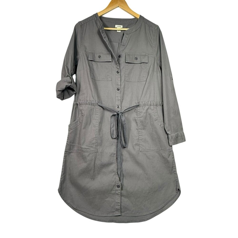 L.L. Bean Cotton Blend Button Up Tie Waist Utility Dress Sz Medium Gray Pockets